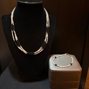 Vintage Black Onyx and Rice Pearl Multi-Strand Necklace & Bracelet Set.
